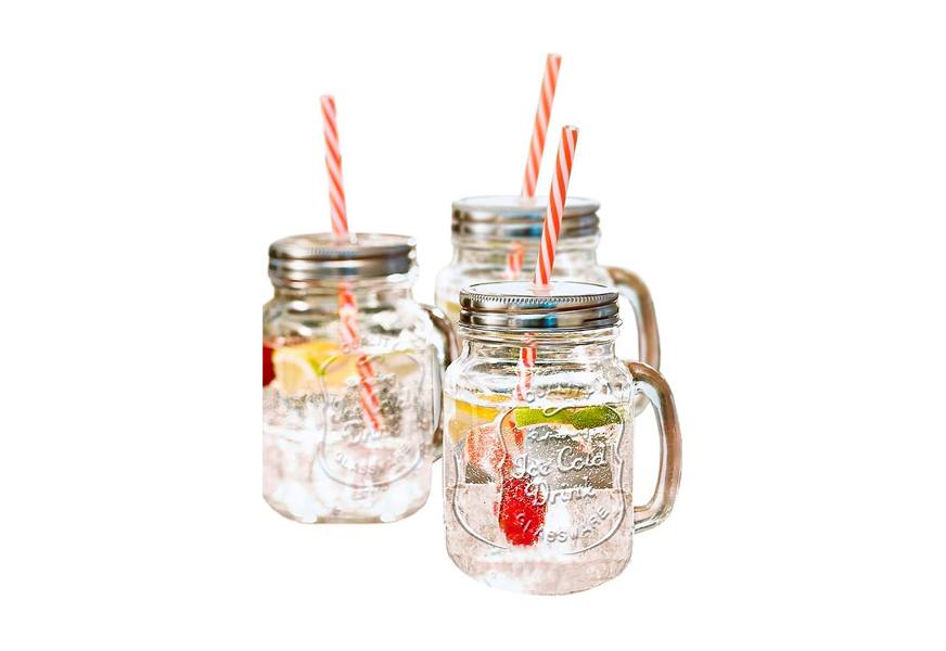 Set Of 3 Glass Drink Jars With Lid for Straw Red Lids Drinking Jars